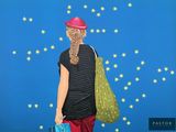 a painting of a woman carrying a bag and a bag of luggage