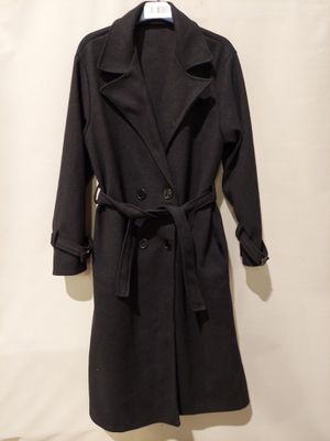 the coat is black and has a belt on it
