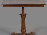 a wooden table with a wooden top and a wooden base