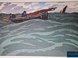 painting of two men in a boat in the middle of a body of water