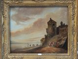 an image of a painting of a castle on a beach