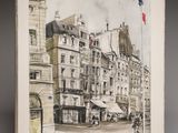 painting of a street scene with buildings and a horse drawn carriage