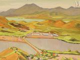 un tableau représentant une vue sur un lac et des montagnes