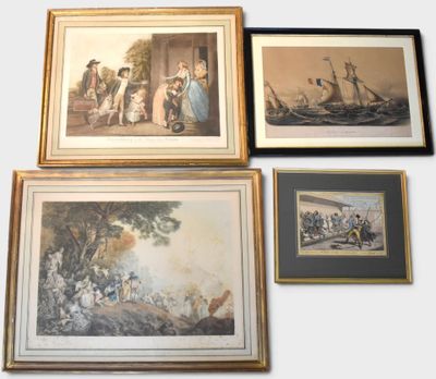 several framed pictures of people and boats on a wall