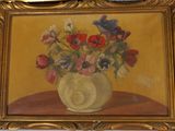 a painting of flowers in a vase on a table