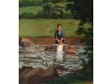 an oil painting of a man and a woman in a river
