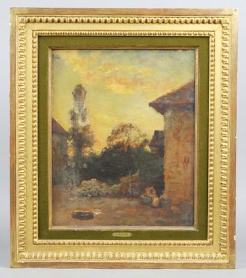 un tableau représentant un paysage avec une maison et des arbres en arrière-plan