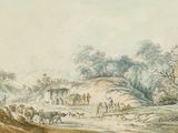 un tableau représentant un groupe de personnes et d'animaux dans un champ