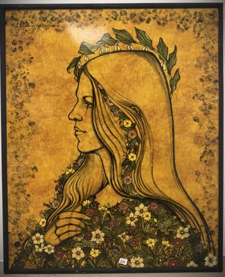 a painting of a woman with long hair and a bird on her head