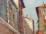 an oil painting of a street scene with buildings and a horse drawn carriage