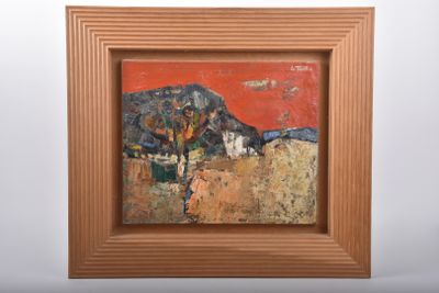 an image of a painting of a mountain with a red sky in the background