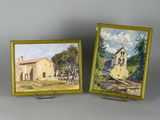 pair of paintings of a church and a church in a field
