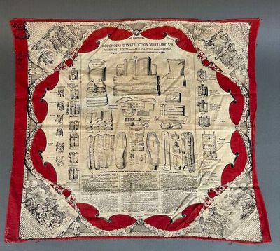 une couette rouge et blanche sur laquelle est représenté un bâtiment