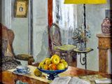 un tableau représentant une table sur laquelle se trouve une corbeille de fruits
