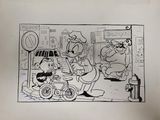 drawing of a cartoon of a man on a motorcycle and a man on a scooter
