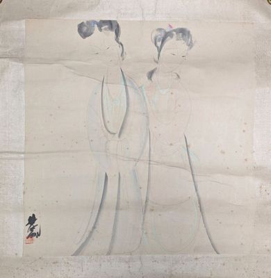 a painting of two women standing next to each other