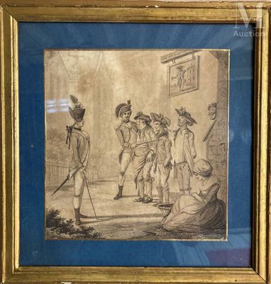 un vieux dessin représentant un groupe d'hommes debout devant un bâtiment