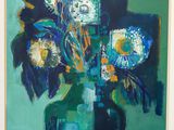 a painting of flowers in a green vase on a table