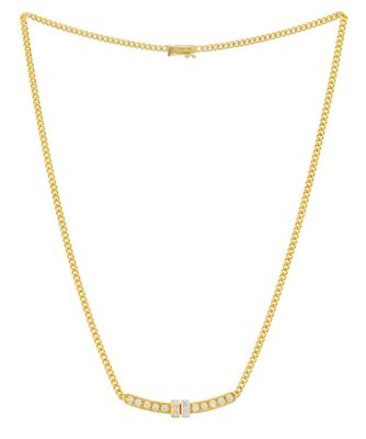 a gold chain necklace with a diamond bar on a white background