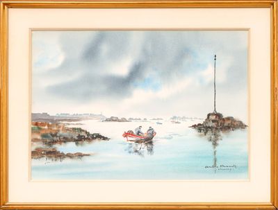 une peinture représentant un bateau sur l'eau, avec un phare en arrière-plan