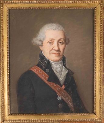 portrait of a man in a black coat with a red sash