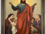 a painting of jesus standing in front of a group of people