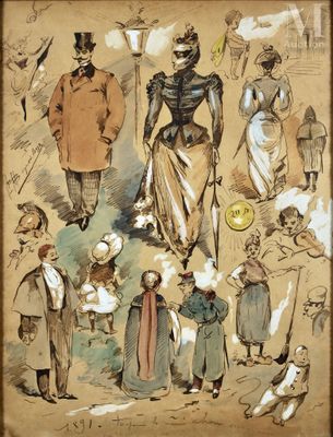 tableau représentant un groupe d'hommes et de femmes vêtus à la mode victorienne