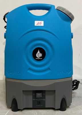 an image of a blue and gray water cooler sitting on top of a tiled floor