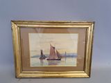 painting of a sailboat in the water with other boats in the background