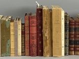 many books that are lined up on a shelf