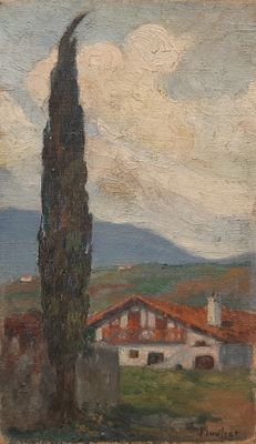an image of a painting of a house with a tree in the foreground