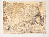 dessin représentant un rhinocéros et son petit marchant dans un champ