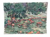 an image of a painting of a river with rocks and trees