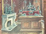 a picture of a painting of a room with a fireplace