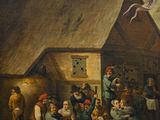 tableau représentant un groupe de personnes assises autour d'une table à l'extérieur d'une maison