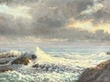 une image représentant un tableau où l'on voit des vagues se briser sur les rochers au bord de l'océan