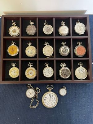 de nombreux modèles différents de montres de poche exposés dans une vitrine