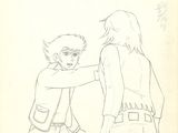 drawing of a boy and a girl standing next to each other, one of them is touching the other ' s hand