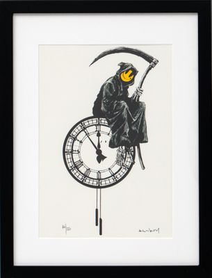 black and white drawing of a man with a scythe sitting on a clock