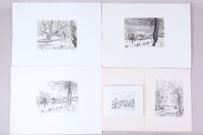 quatre dessins d'arbres alignés sur une surface blanche