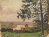 painting of cows grazing in a pasture with trees in the foreground