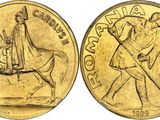 a close up of a gold coin with a man on a horse
