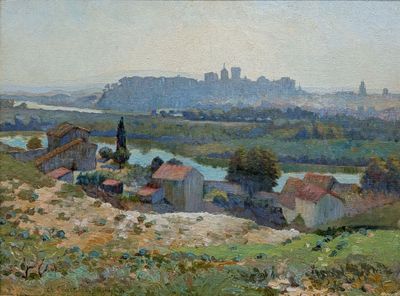 une image représentant un tableau montrant une vue d'une ville depuis une colline