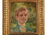 une peinture à l'huile représentant une jeune fille en robe verte, dans un cadre doré