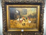 painting of chickens and chickens in a barn by a window