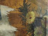 a painting of a white dog sitting next to a vase of flowers