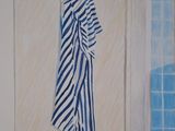 a painting of a blue and white towel hanging on a wall