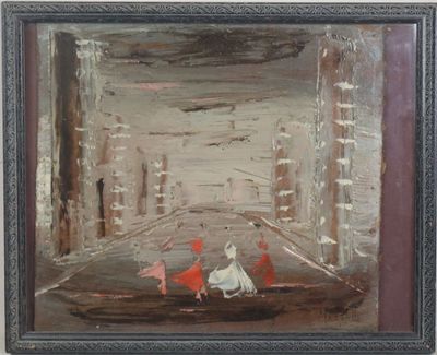 an oil painting of two people walking down a street with umbrellas