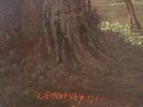 an oil painting of a tree in a wooded area with a river in the background