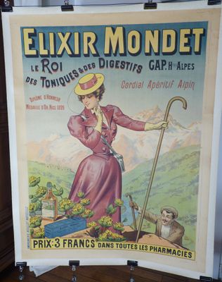 une vieille affiche représentant une femme en robe rose tenant une canne